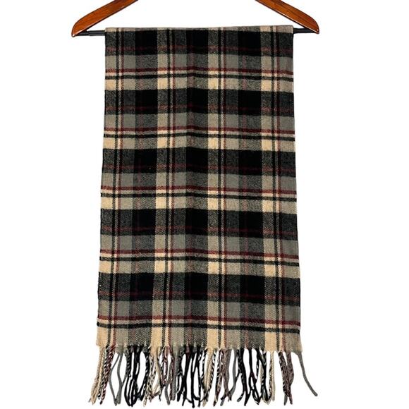 Cashmere Blend Plaid Fringed Scarf 66 X 12.5 Unisex Red Black White Fall Holiday - Picture 3 of 7